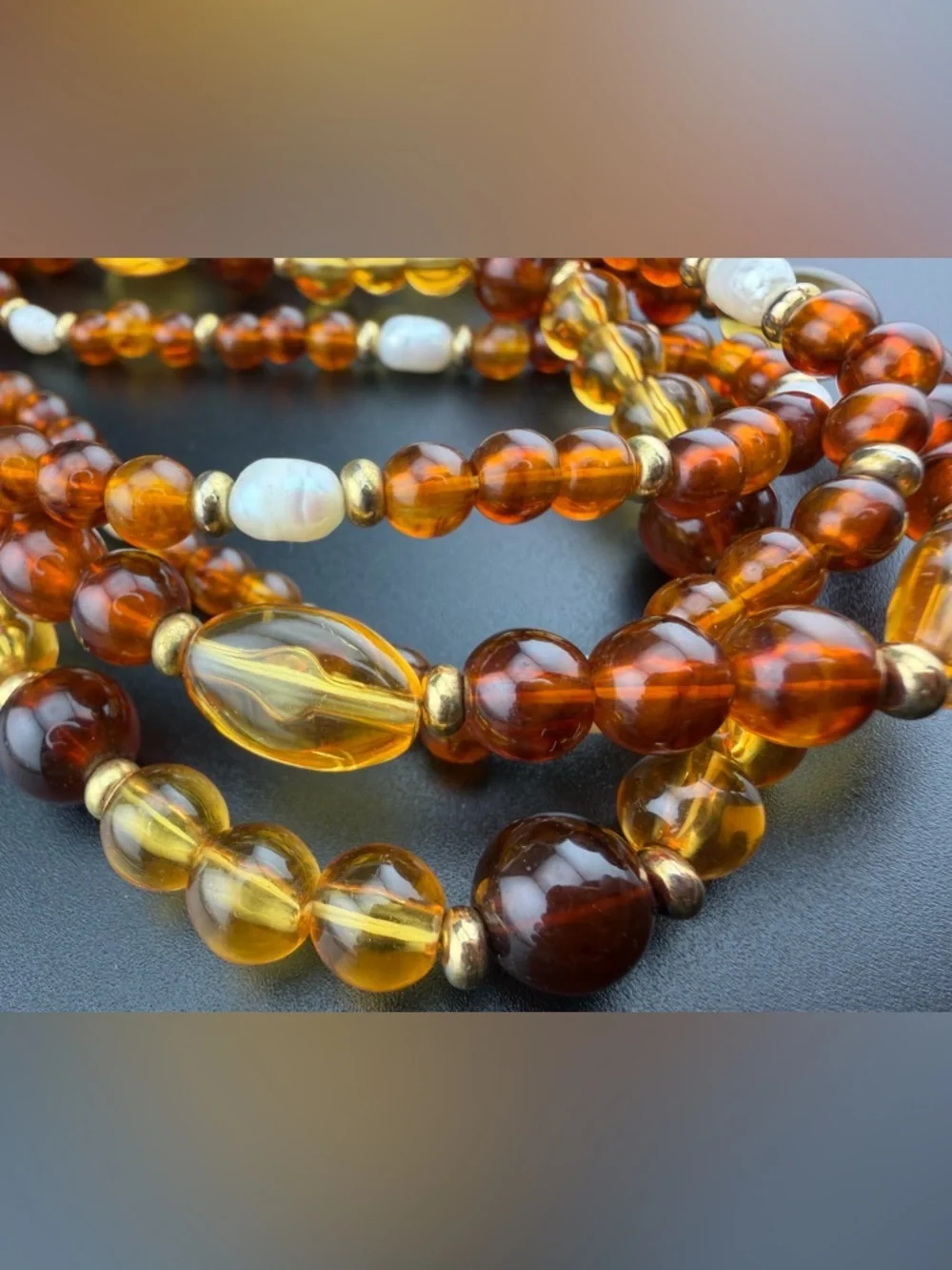 Vintage Givenchy 4-Strand Faux Amber & Baroque Pearl Necklace